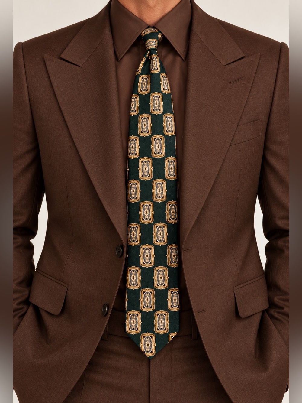 Pierre Balmain Dark Green Silk Tie with Gold Medallion Pattern